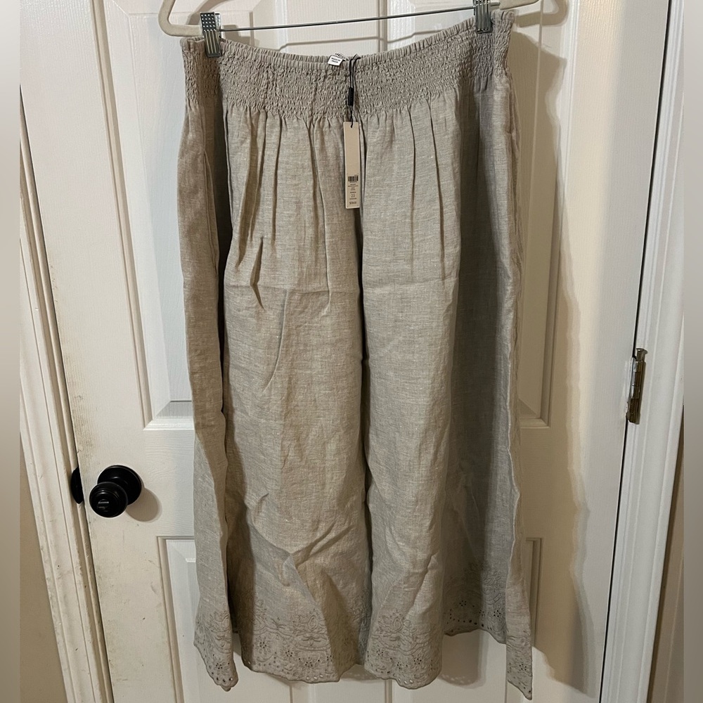 100% Linen NWT Chicos 2.5 XL Beige Midi Skirt Scalloped Hemline Coastal Classic